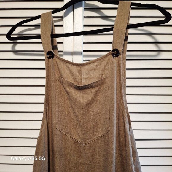 Lulu's Loose Fit Tan Linen Blend Overalls For Women With Adjustable Strap Button - Picture 2 of 10